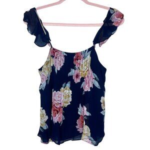 Floral Navy Ruffle Strap Sleeveless Top Womens S Gauzy Romantic Semi Sheer